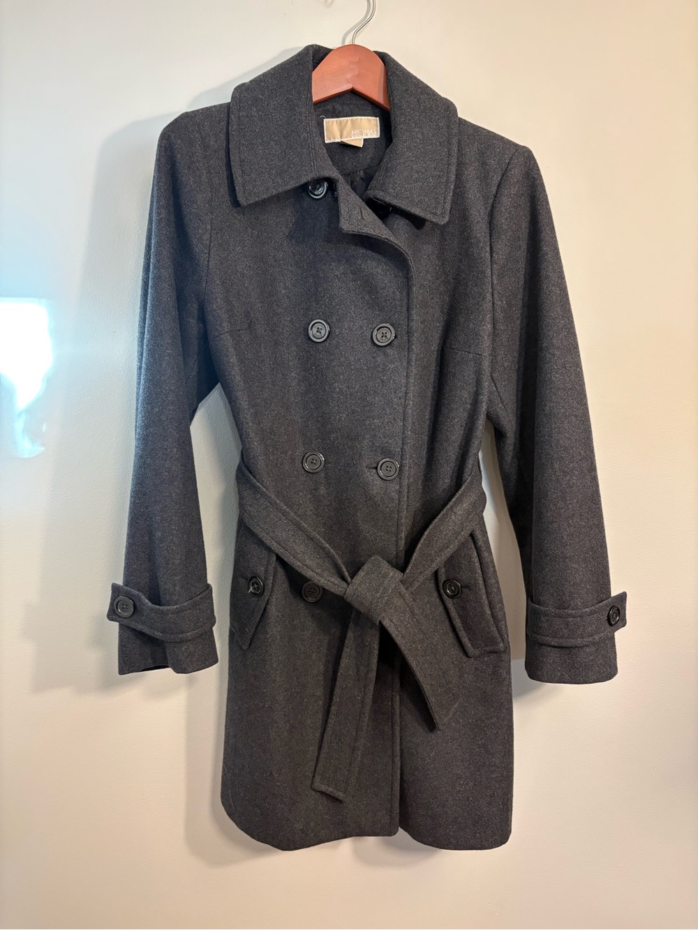 MICHAEL Michael Kors Belted Wool Pea Coat — Charcoal Gray — Size 10 🖤